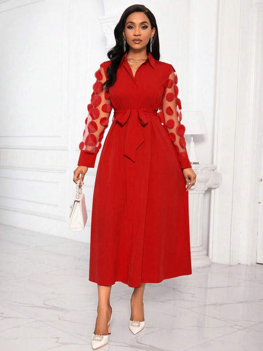 Patchwork round mesh sleeve belted shirt dress in red