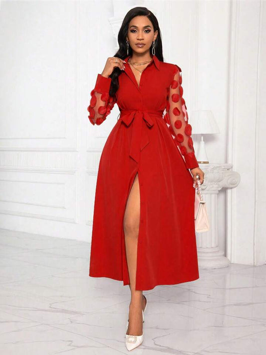Patchwork round mesh sleeve belted shirt dress in red