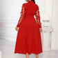 Patchwork round mesh sleeve belted shirt dress in red