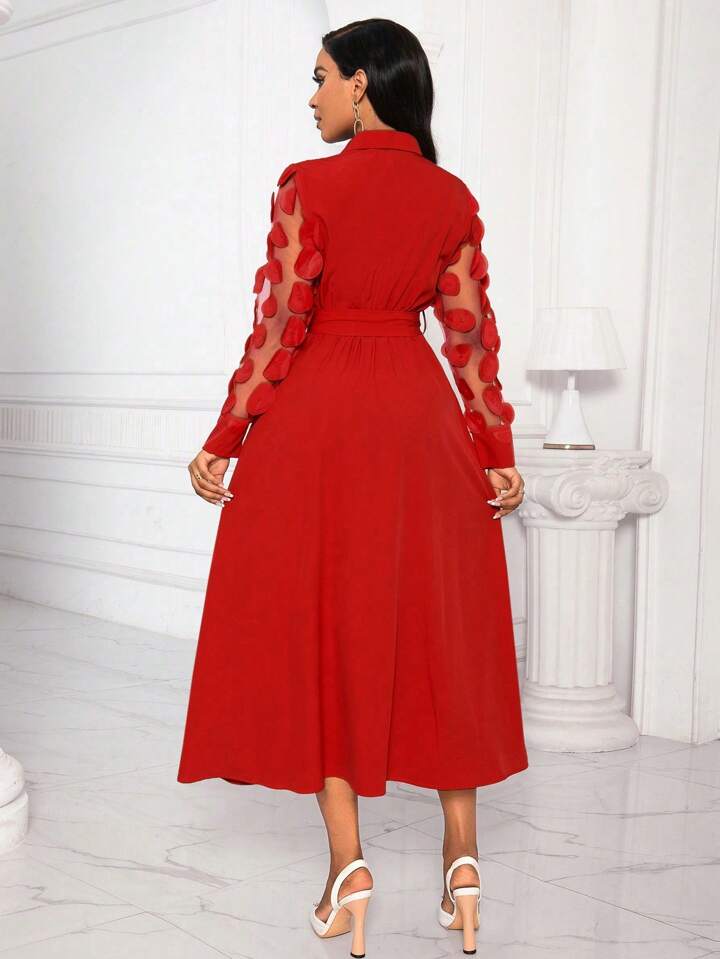 Patchwork round mesh sleeve belted shirt dress in red