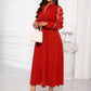 Patchwork round mesh sleeve belted shirt dress in red