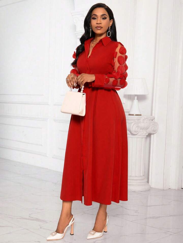 Patchwork round mesh sleeve belted shirt dress in red