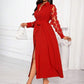 Patchwork round mesh sleeve belted shirt dress in red