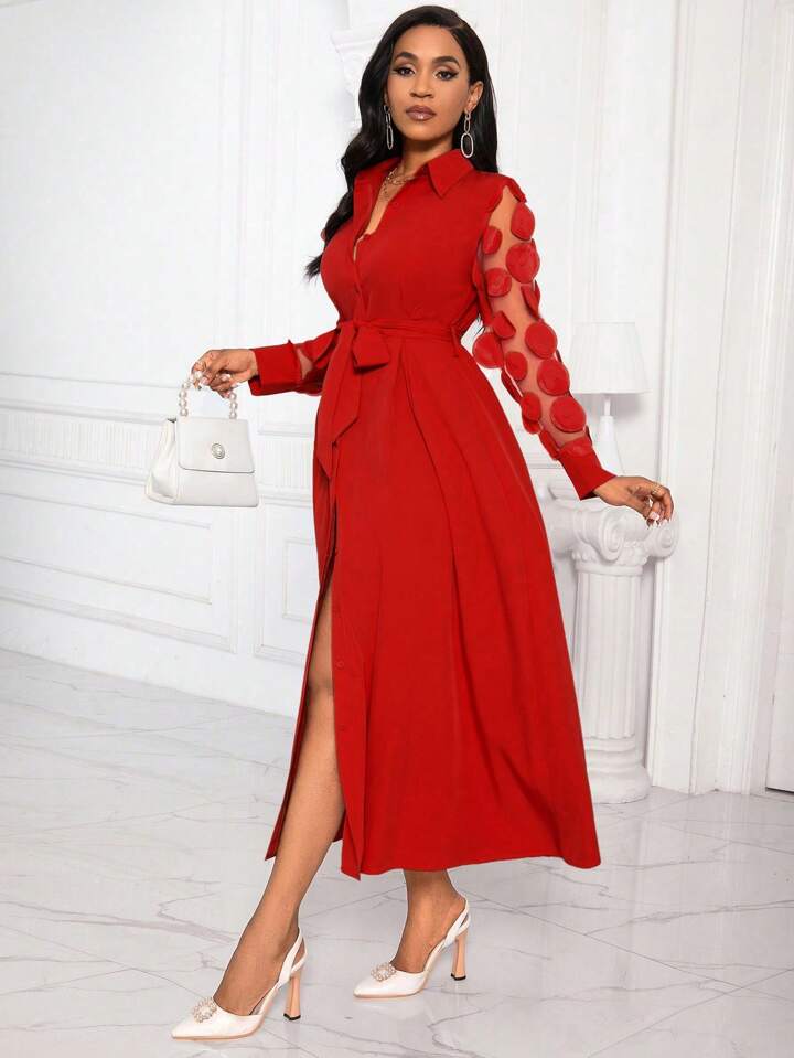 Patchwork round mesh sleeve belted shirt dress in red