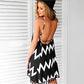 Patterned fringe strap beach dress in black