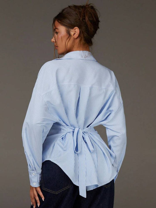 Pinstripe belted shirt in blue
