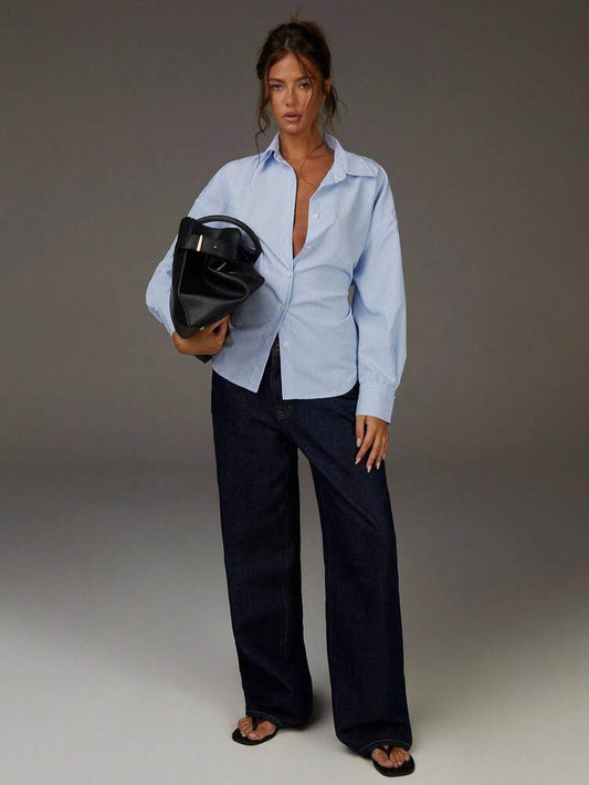 Pinstripe belted shirt in blue