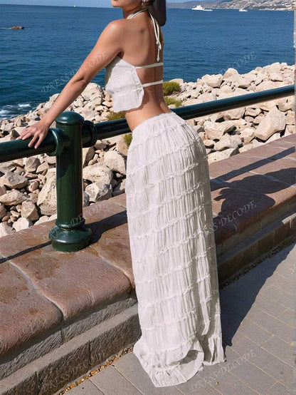 Pleated lace trim halter backless maxi dress set in white