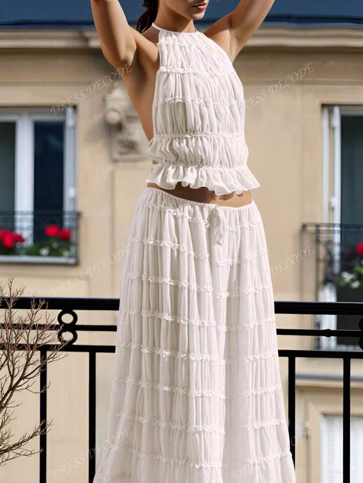 Pleated lace trim halter backless maxi dress set in white