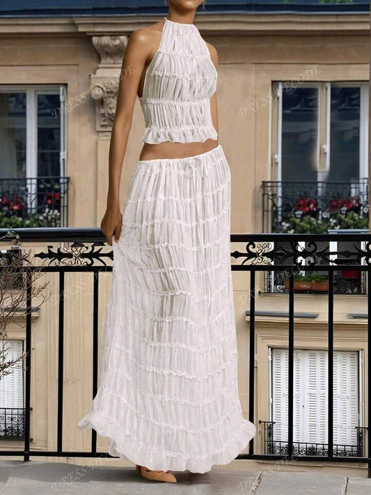Pleated lace trim halter backless maxi dress set in white