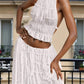 Pleated lace trim halter backless maxi dress set in white