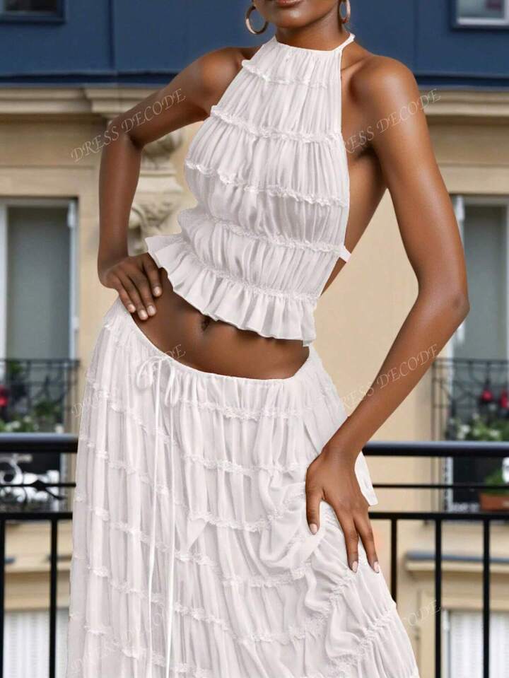 Pleated lace trim halter backless maxi dress set in white
