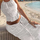 Pleated lace trim halter backless maxi dress set in white