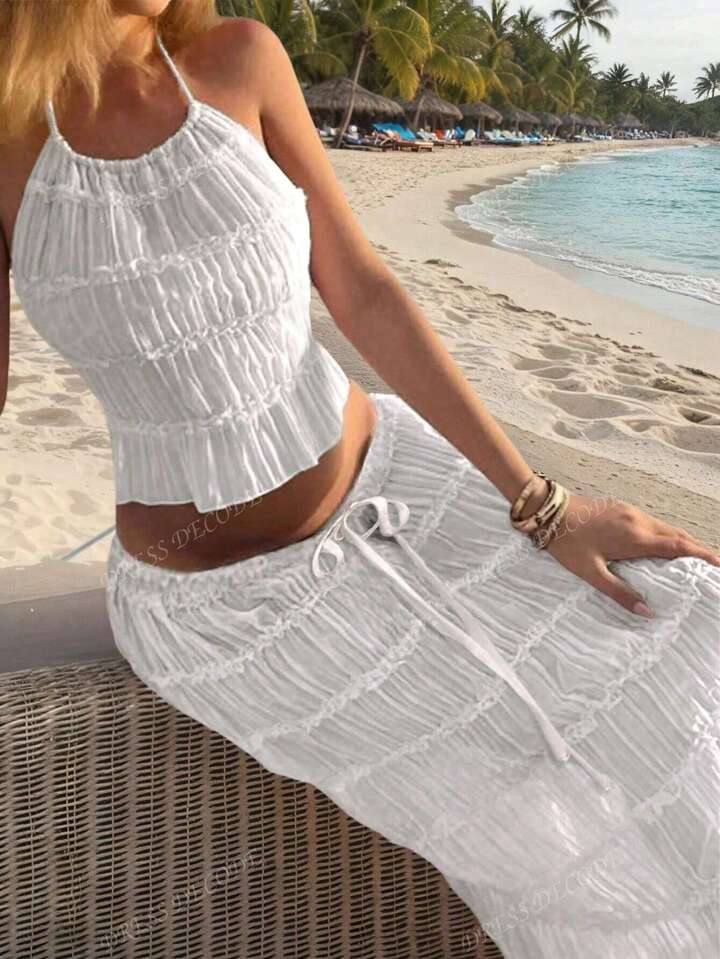 Pleated lace trim halter backless maxi dress set in white
