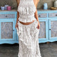 Pleated lace trim halter backless maxi dress set in white