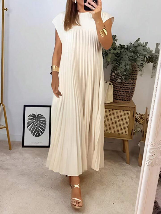 Pleated loose casual summer dress in nude