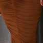 Pleated slim fit ruched bodycon dress in brown