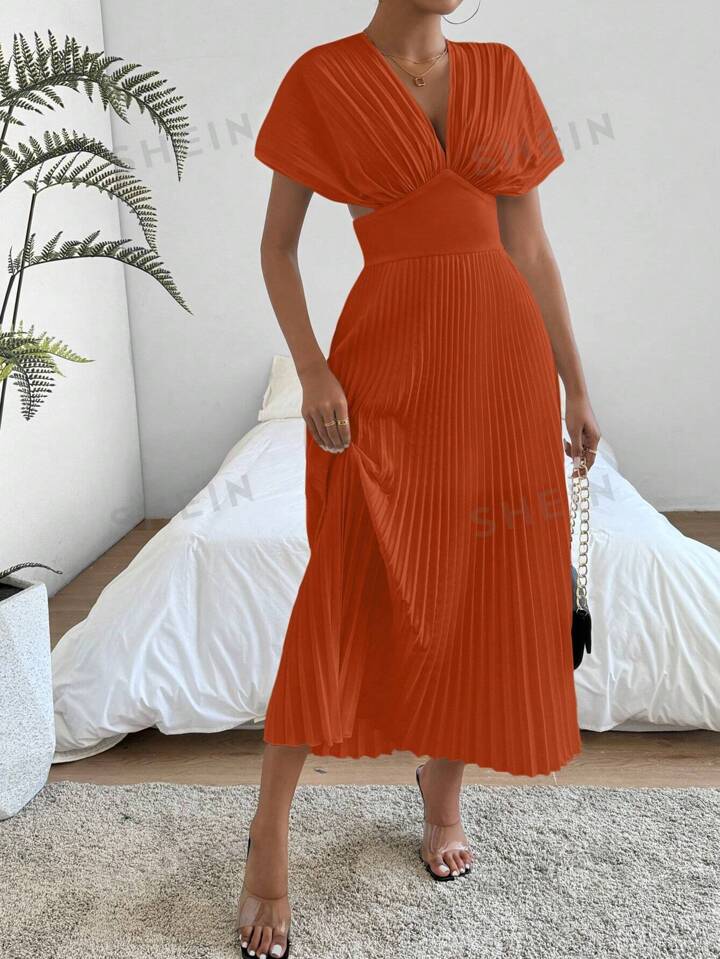 Pleat waist cinched deep v-neck dress in orange