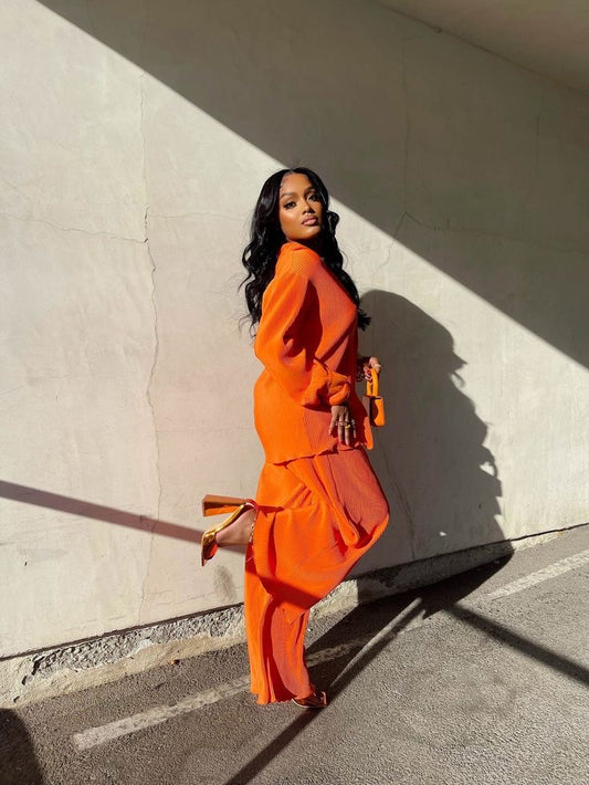 Plisse top & pant set in orange