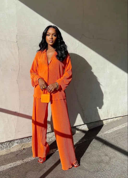 Plisse top & pant set in orange