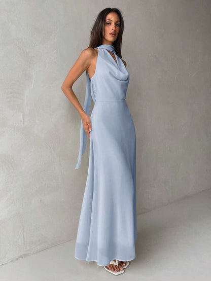Plunging neck a-line flowy tie back dress in blue