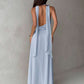 Plunging neck a-line flowy tie back dress in blue