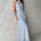 Plunging neck a-line flowy tie back dress in blue