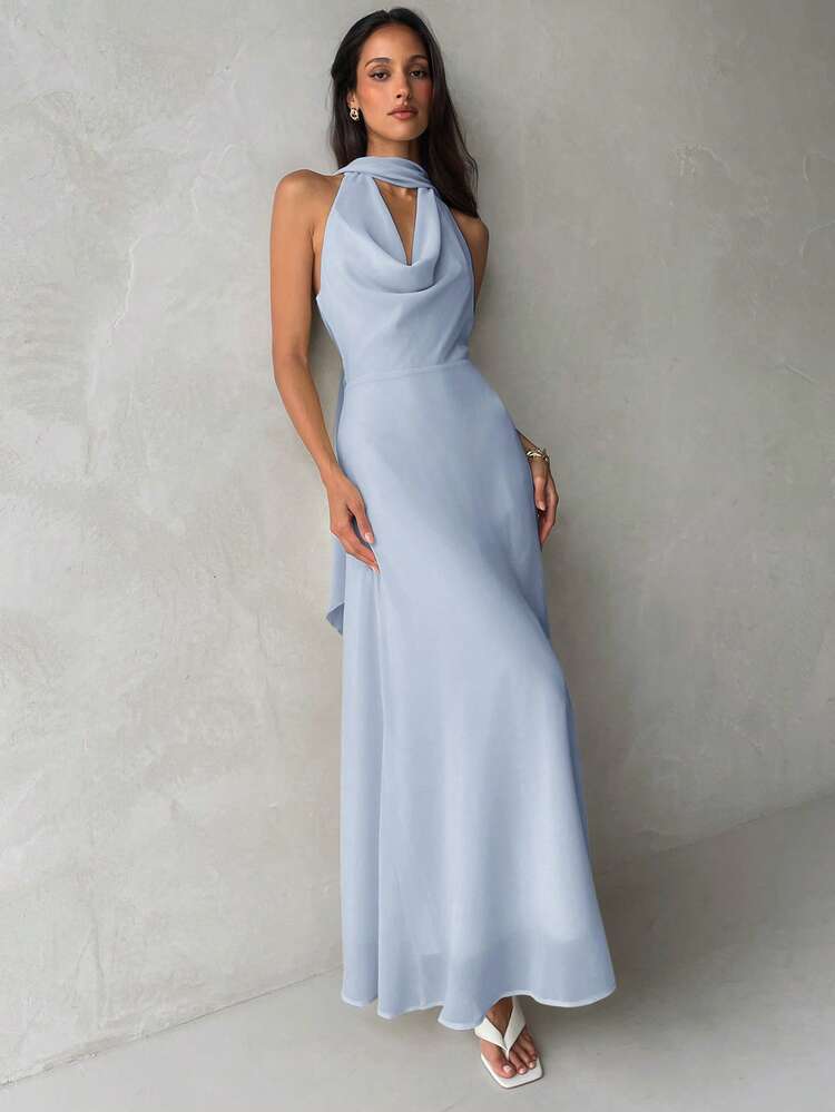 Plunging neck a-line flowy tie back dress in blue
