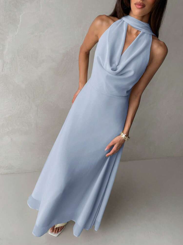 Plunging neck a-line flowy tie back dress in blue