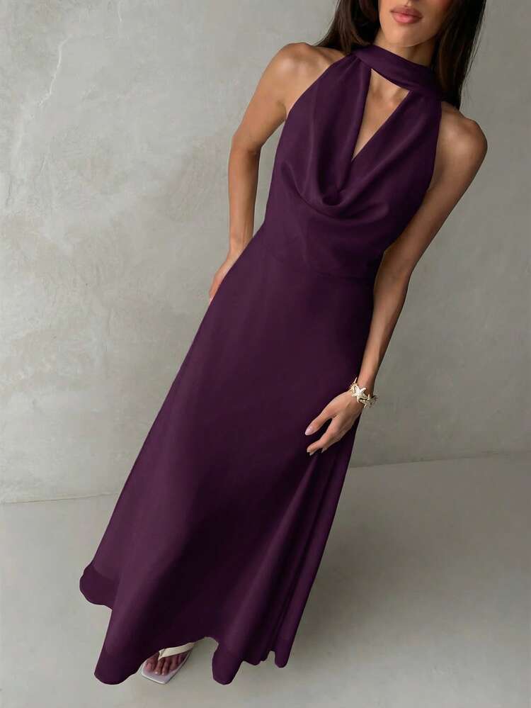 Plunging neck a-line flowy tie back dress in purple