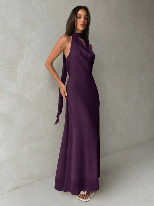 Plunging neck a-line flowy tie back dress in purple