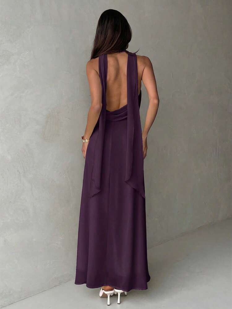 Plunging neck a-line flowy tie back dress in purple