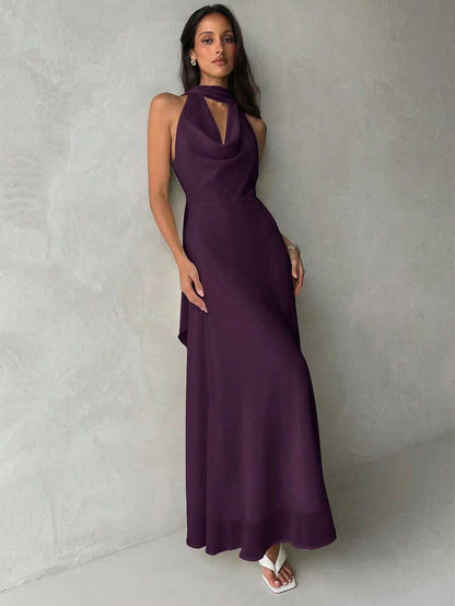 Plunging neck a-line flowy tie back dress in purple