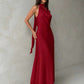 Plunging neck a-line flowy tie back dress in red