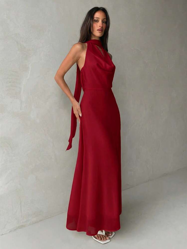Plunging neck a-line flowy tie back dress in red