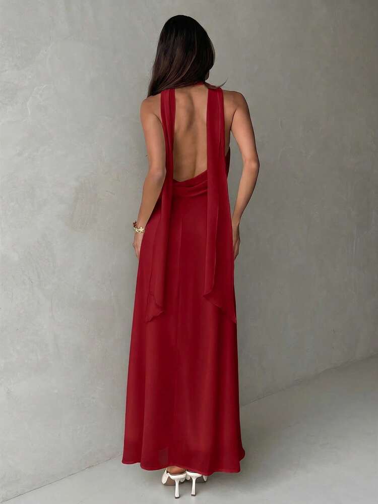 Plunging neck a-line flowy tie back dress in red