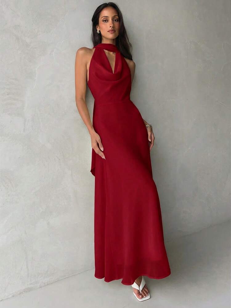 Plunging neck a-line flowy tie back dress in red