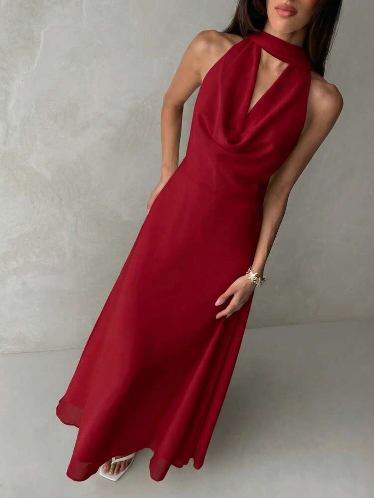 Plunging neck a-line flowy tie back dress in red