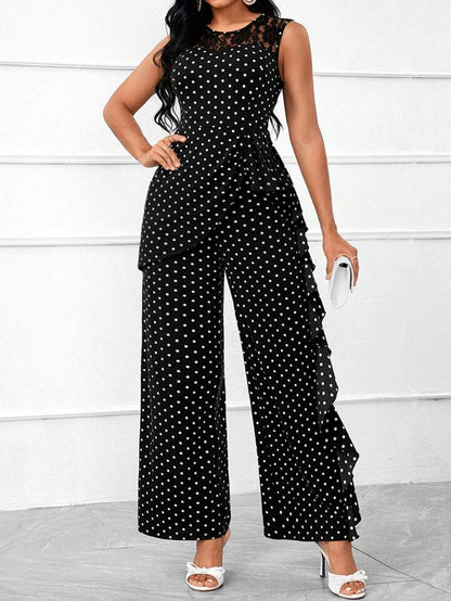 Polka dot lace ruffle trim wide leg jumpsuit in black