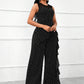 Polka dot lace ruffle trim wide leg jumpsuit in black