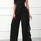 Polka dot lace ruffle trim wide leg jumpsuit in black