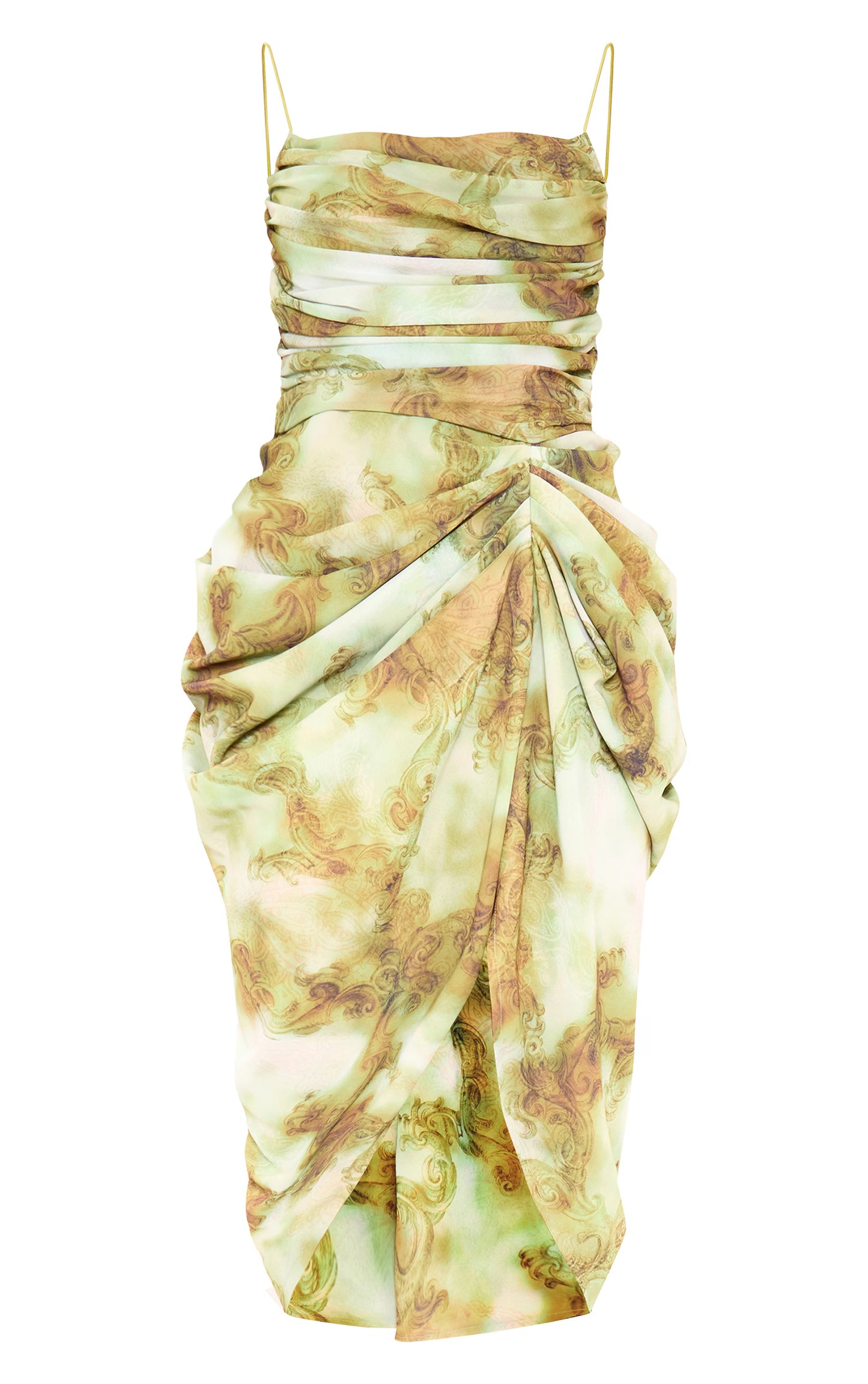 Printed chiffon ruched draped midi dress in green