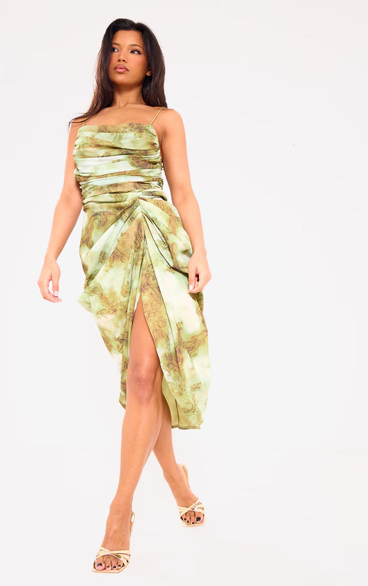 Printed chiffon ruched draped midi dress in green