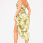 Printed chiffon ruched draped midi dress in green