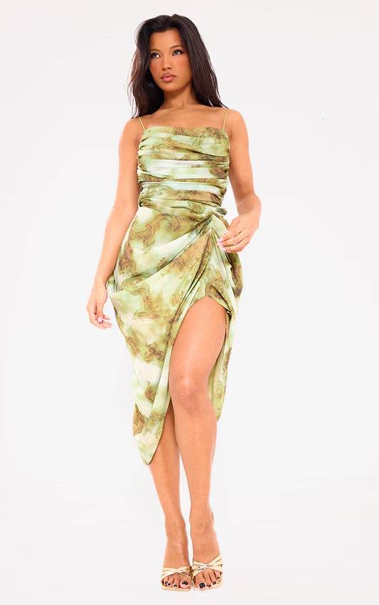 Printed chiffon ruched draped midi dress in green