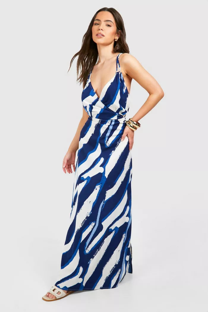 Printed ring detail maxi dress in blue