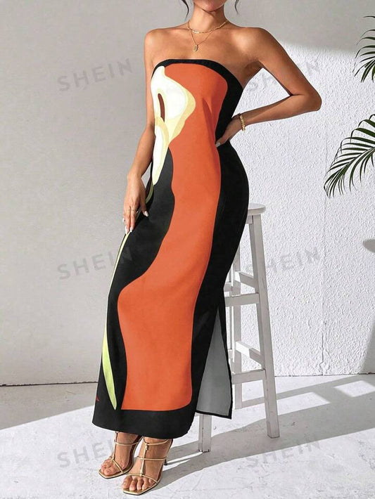 Printed strapless random pattern dress in orange