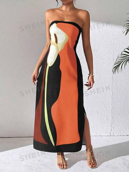 Printed strapless random pattern dress in orange