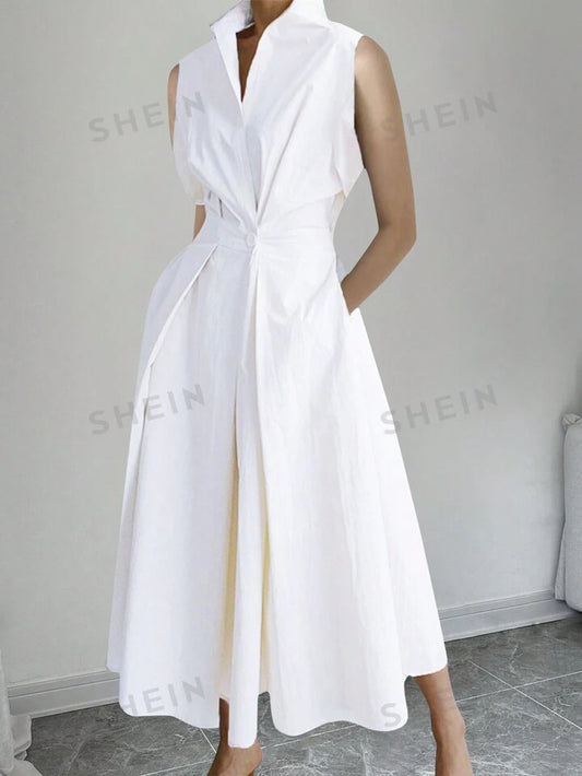 Prive shirt collar sleeveless dress in white