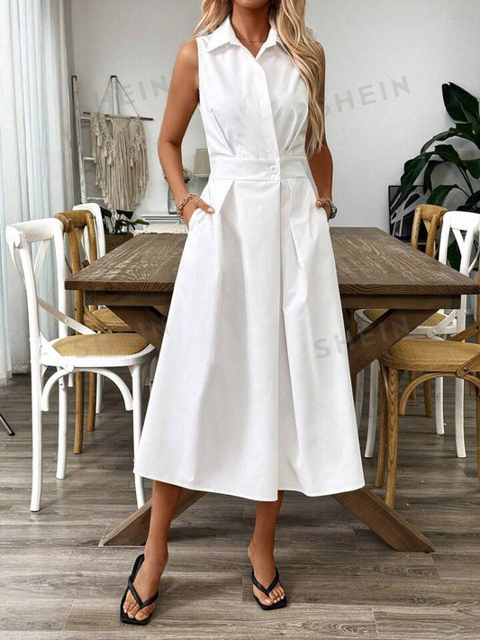 Prive shirt collar sleeveless dress in white